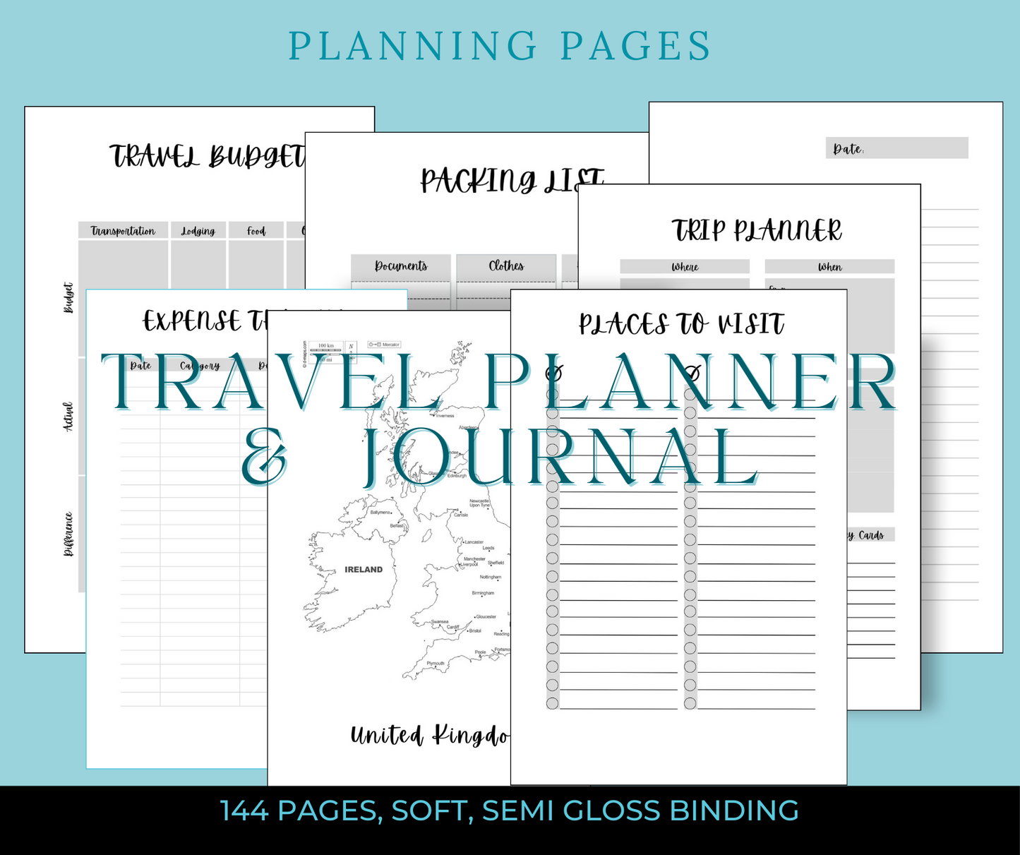 interior pages of the travel journal showing travel budget, packing list, trip planner, Expense tracker and places to visit