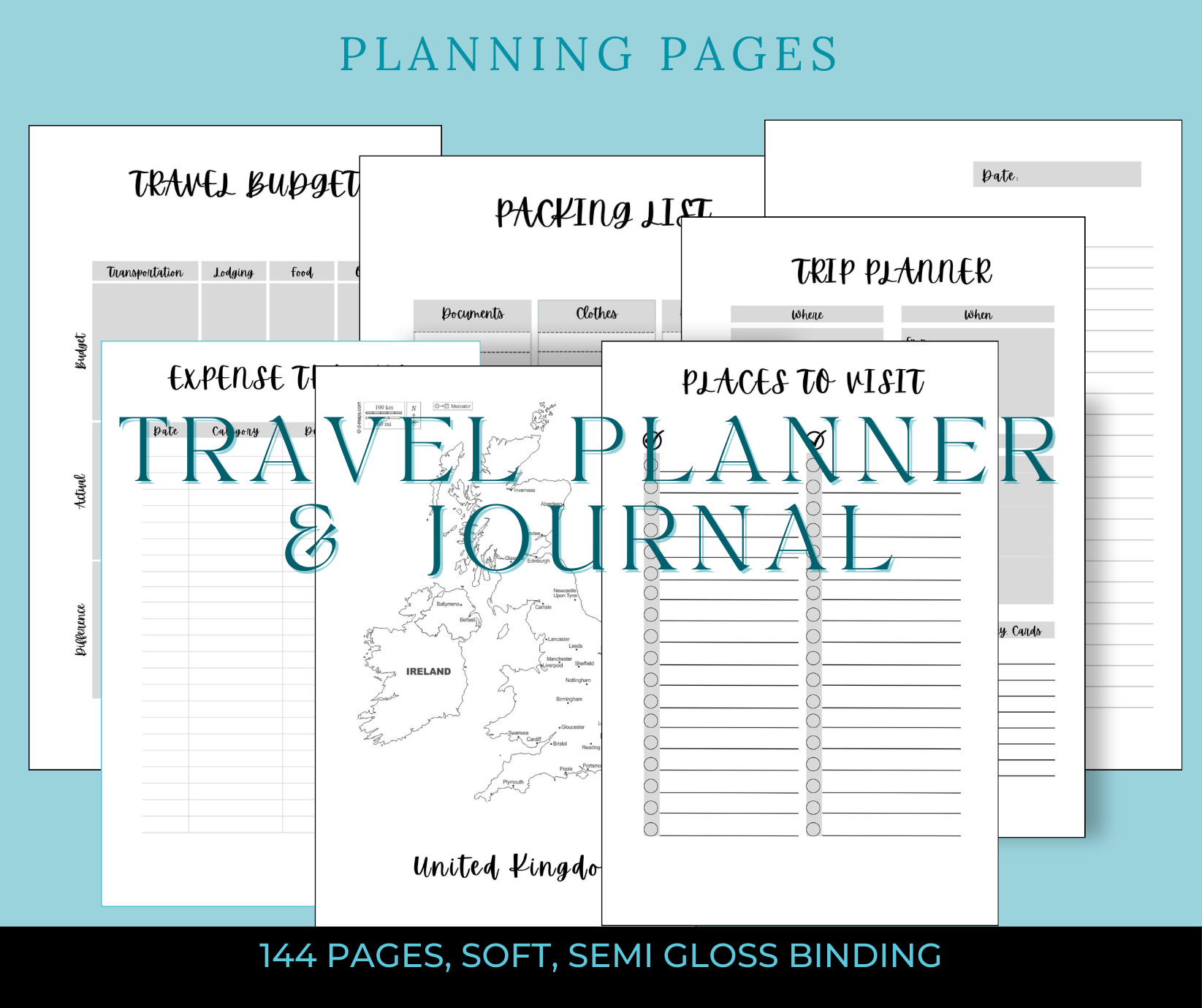 interior pages of the travel journal showing travel budget, packing list, trip planner, Expense tracker and places to visit