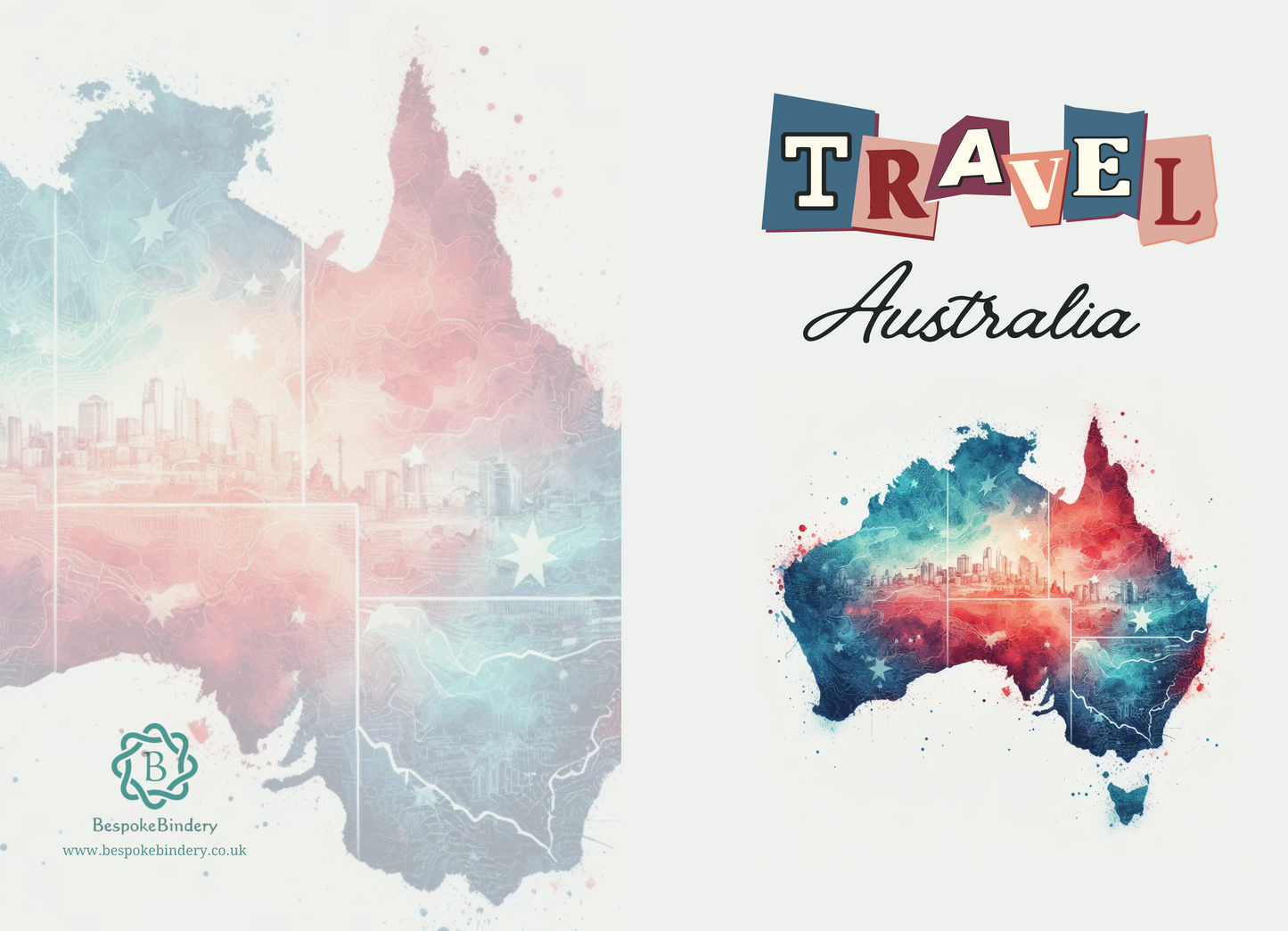 front and back view of australia travel journal with abstract australian map in red and blue