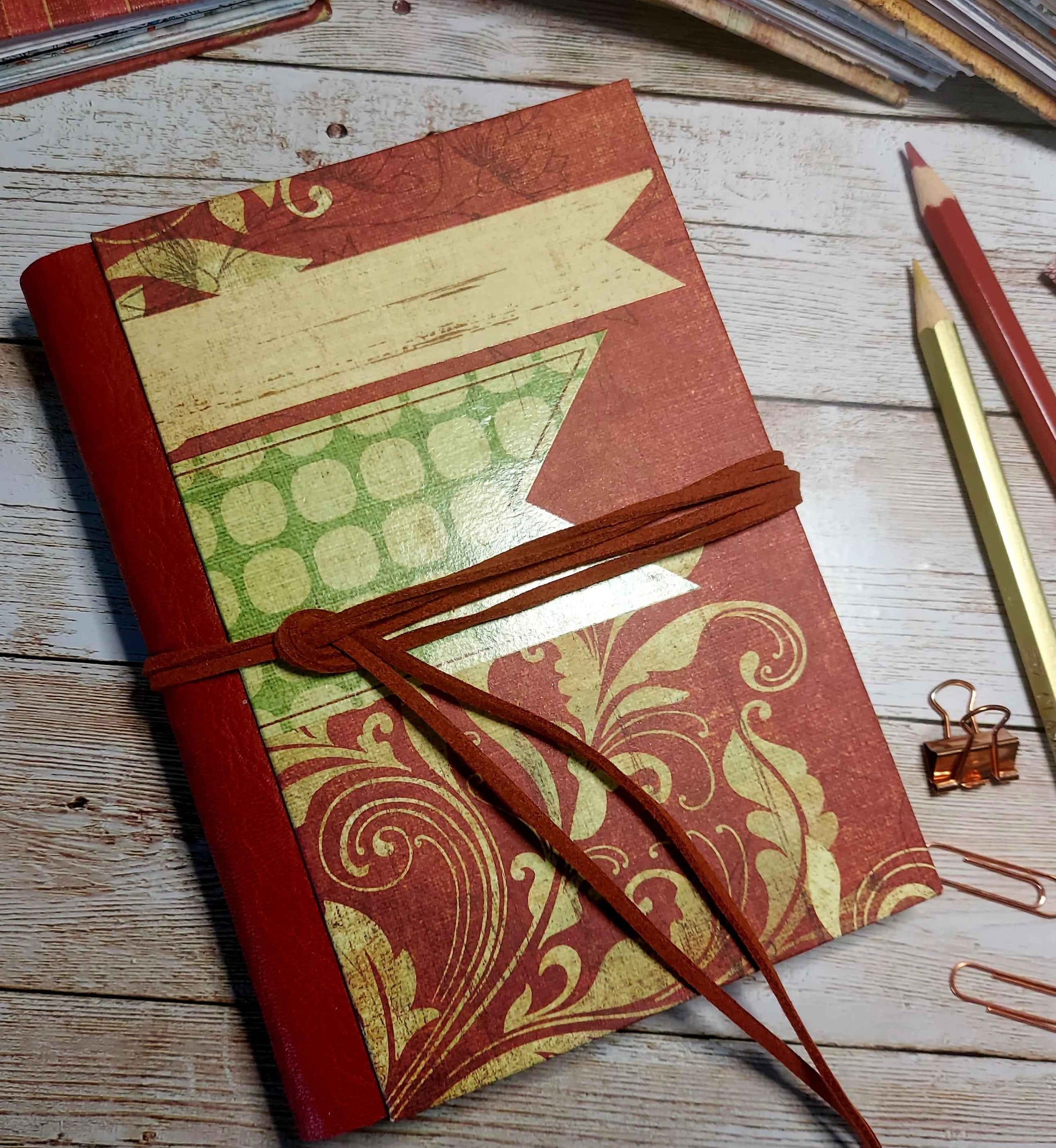 Mixed Paper Junk Journal Notebook -  A6 Red Stripe Hardback