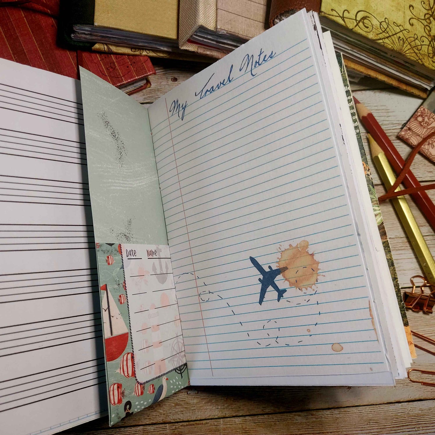 Mixed Paper Junk Journal Notebook -  A6 Red Stripe Hardback