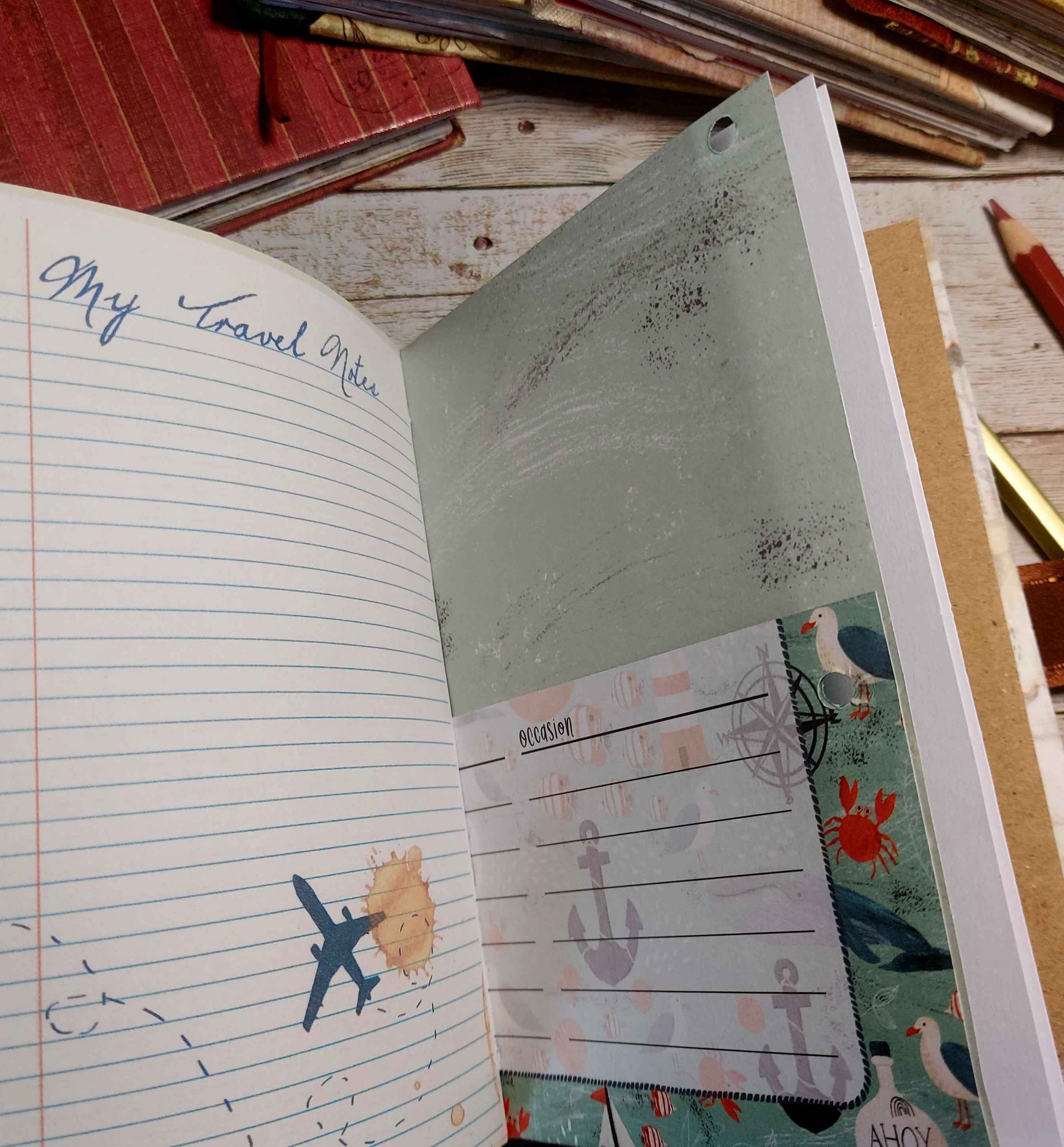 Mixed Paper Junk Journal Notebook -  A6 Red Stripe Hardback