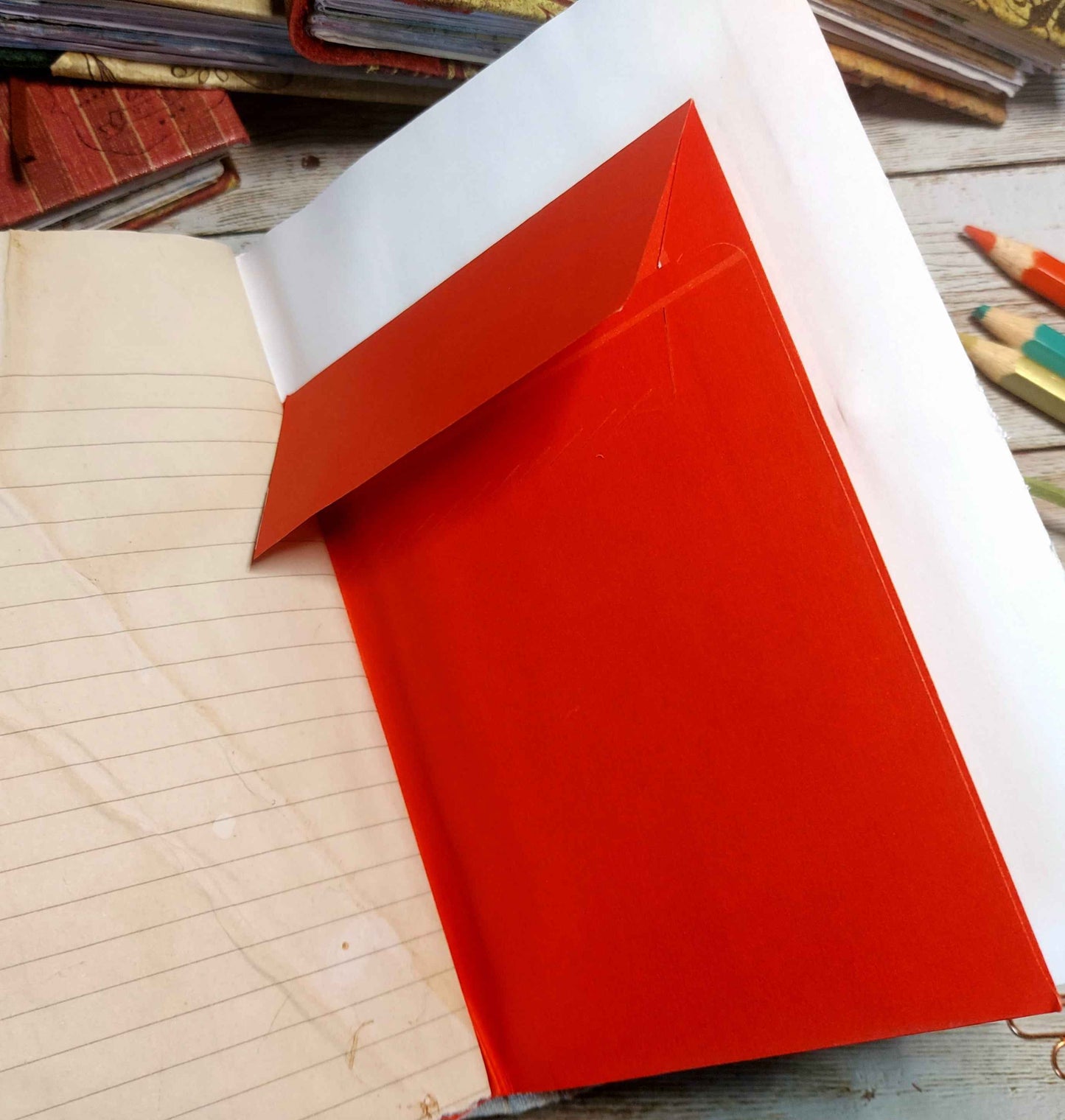 Mixed Paper Junk Journal Notebook -  A6 Red Stripe Hardback, Leather Spine (Copy)