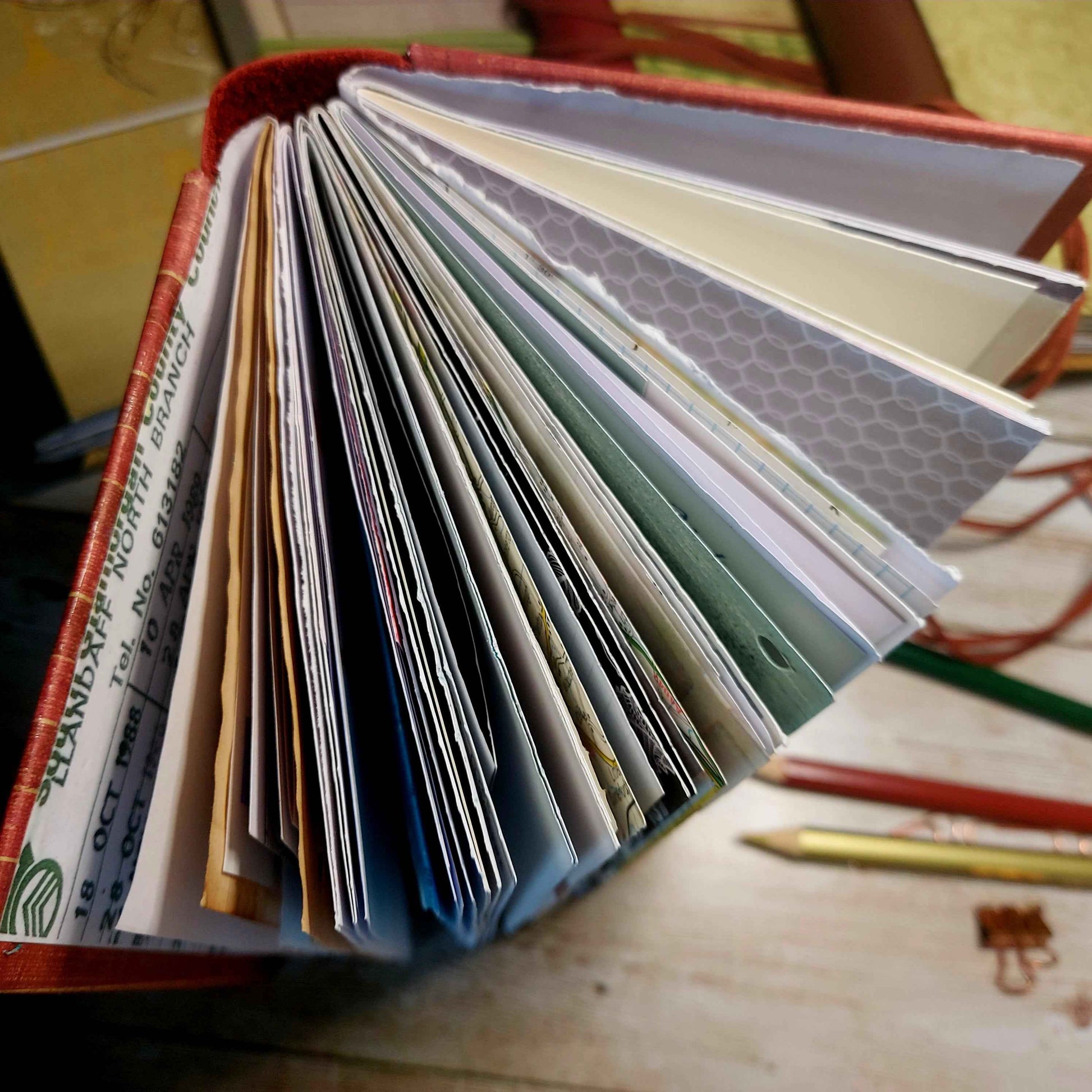 Mixed Paper Junk Journal Notebook -  A6 Red Stripe Hardback, Leather Spine (Copy)