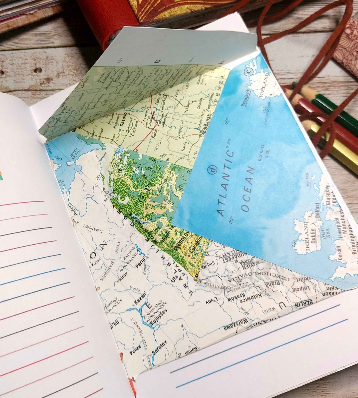 Mixed Paper Junk Journal Notebook -  A6 Red Stripe Hardback, Leather Spine (Copy)