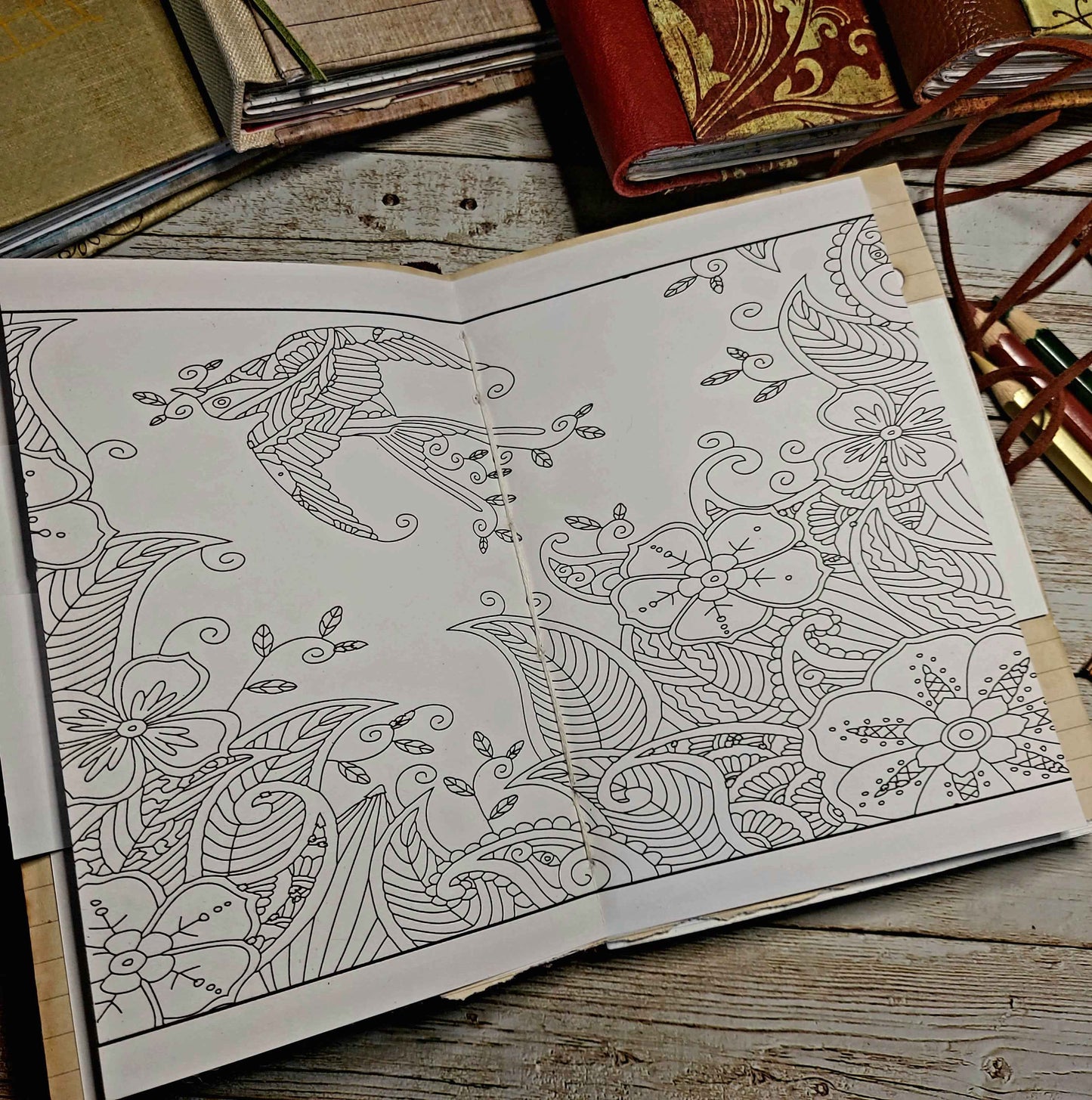 Mixed Paper Junk Journal Notebook -  A6 Red Stripe Hardback, Leather Spine (Copy)