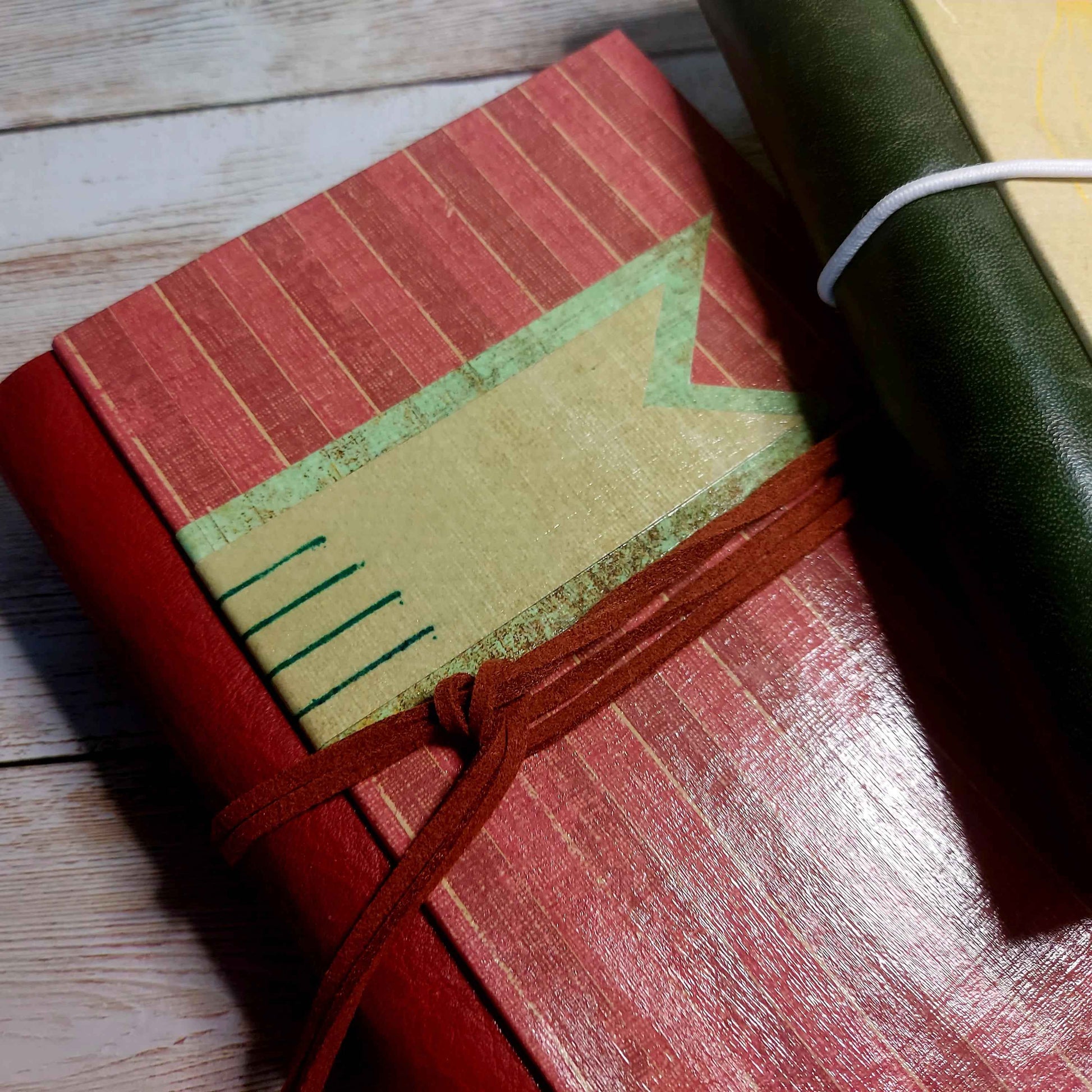 Mixed Paper Junk Journal Notebook -  A6 Red Stripe Hardback, Leather Spine (Copy)