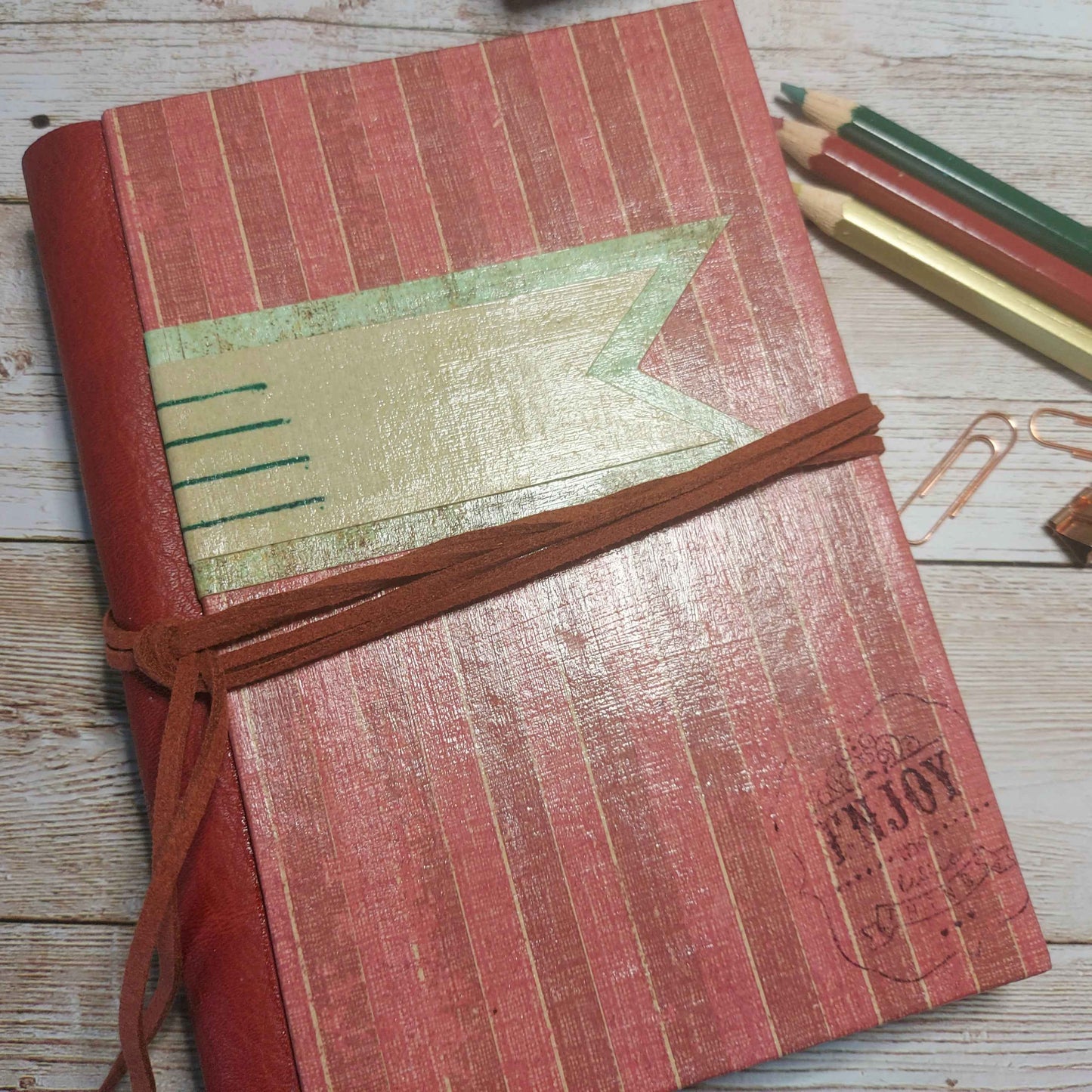 Mixed Paper Junk Journal Notebook -  A6 Red Stripe Hardback, Leather Spine (Copy)