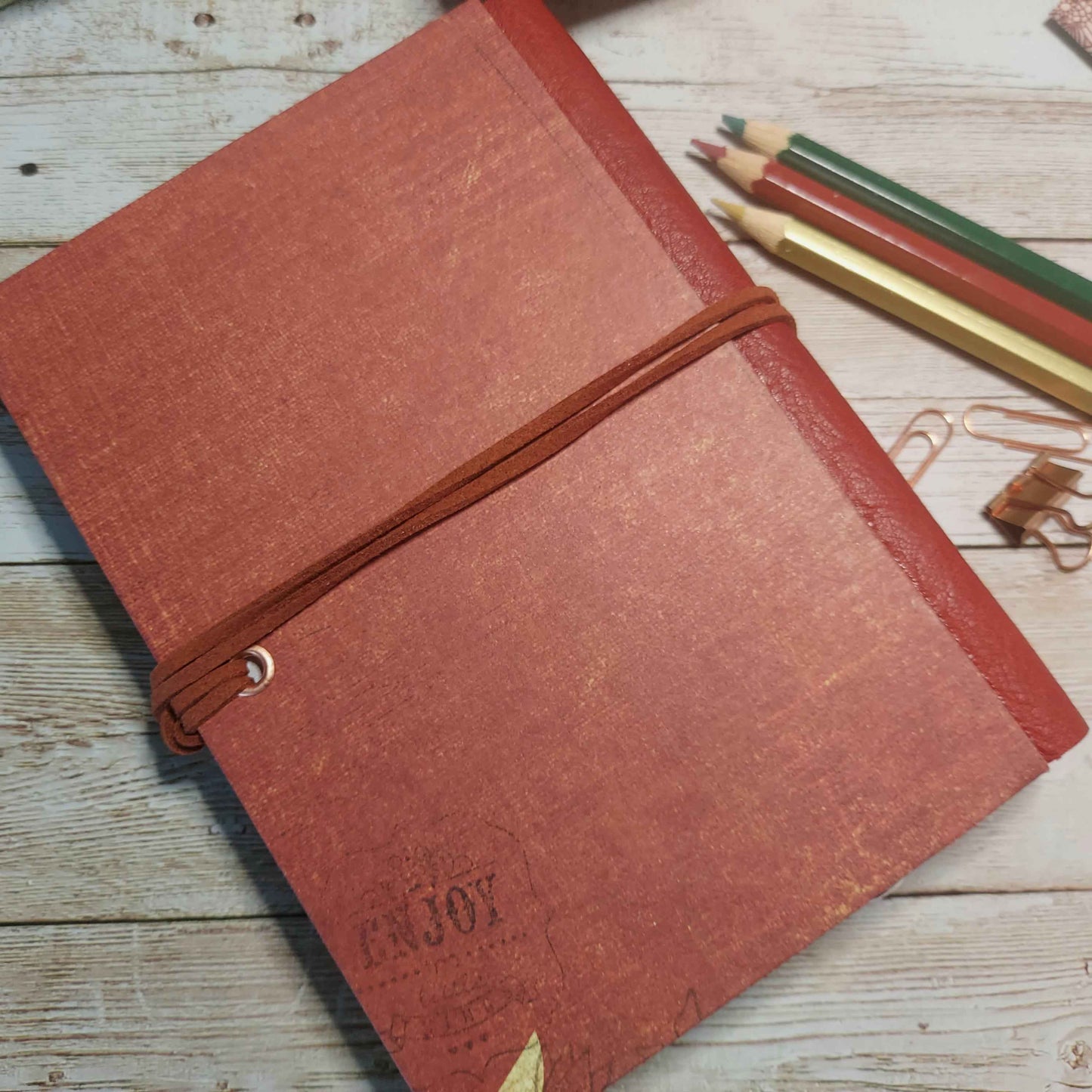 Mixed Paper Junk Journal Notebook -  A6 Red Stripe Hardback, Leather Spine (Copy)