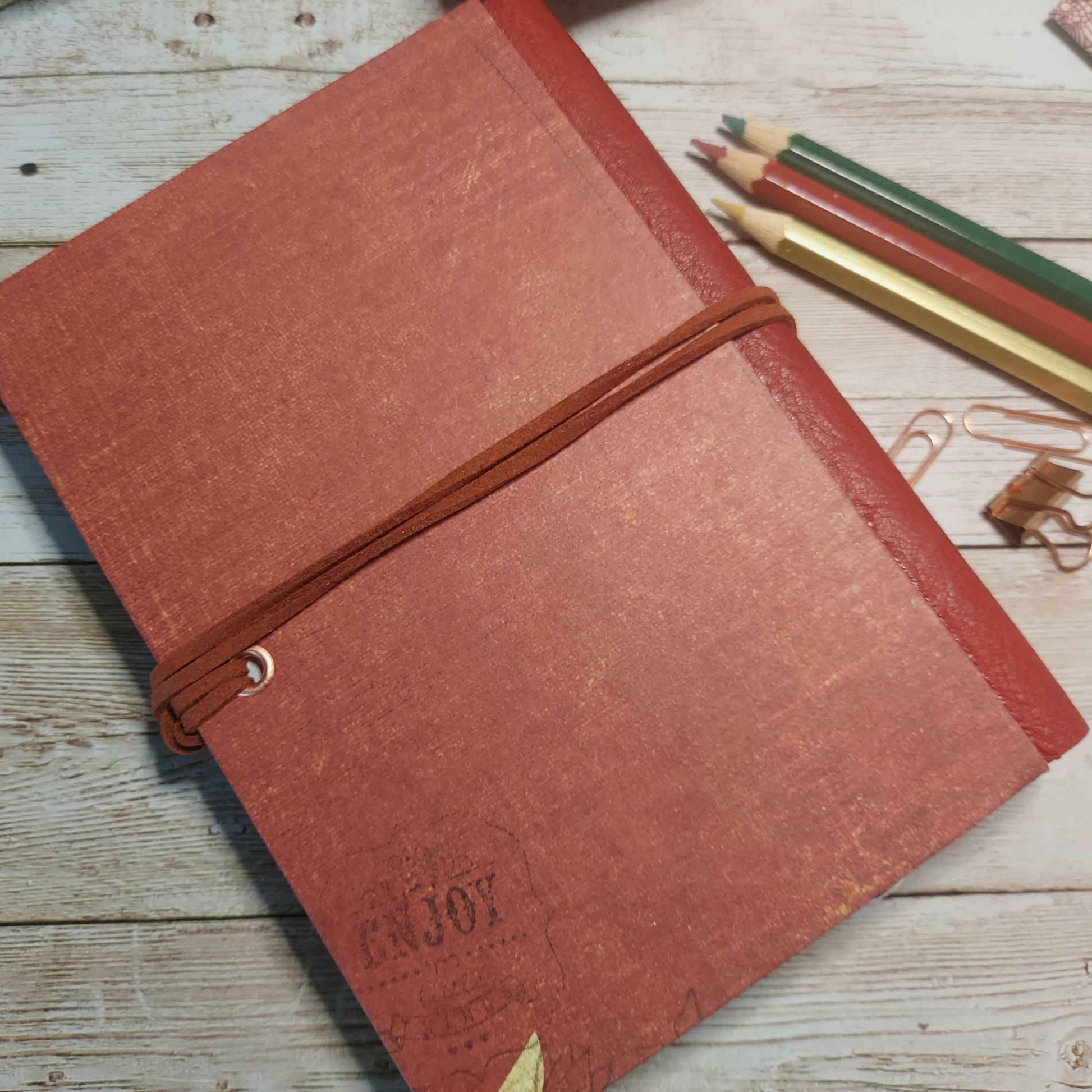 Mixed Paper Junk Journal Notebook -  A6 Red Stripe Hardback, Leather Spine (Copy)
