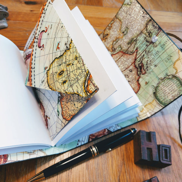 Vibrant map envelope, handmade to store travel documents and memorabilia