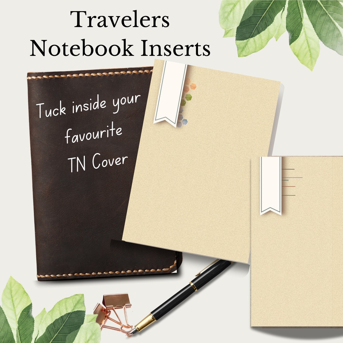 Leather Travelers Notebook cover with available inserts - hexagon graph pages or lined pages insert refills for Traveler's Company binders