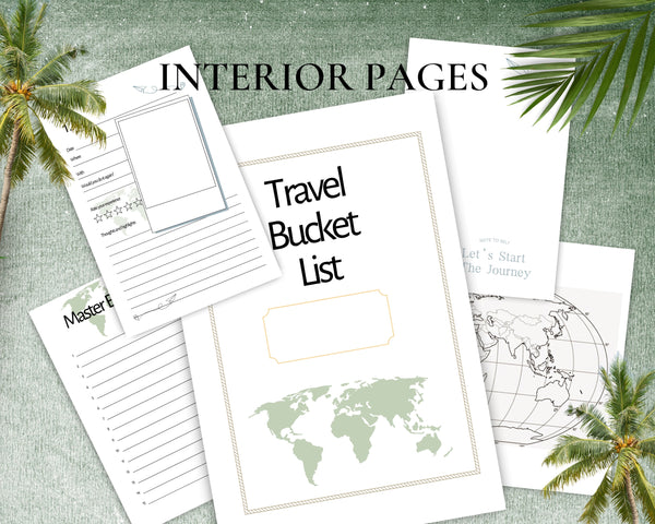 Selection of Interior Pages in the Travel Bucket List journal showing Bucket list page, master list, title page, travel quote page and blank world map