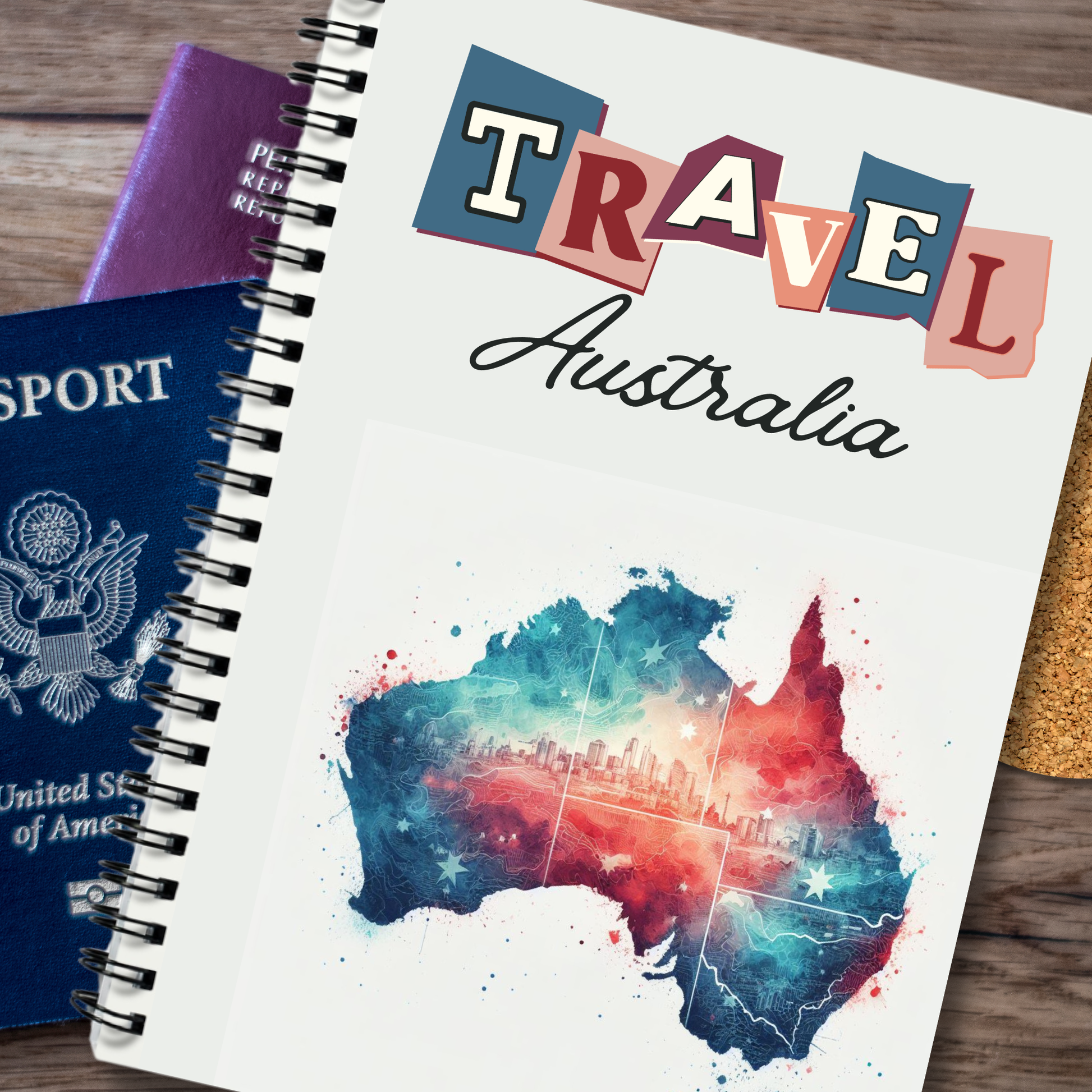 spiral coil bound australia travel journal with abstract australian map in red and blue