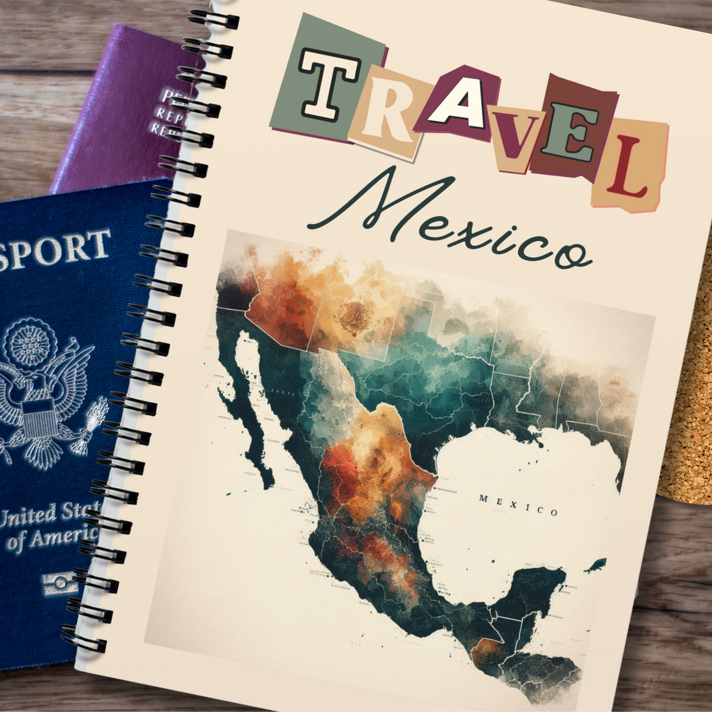 Travel Mexico Spiral Bound Notebook featuring a full colour, stylised map of Mexico