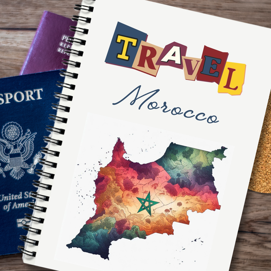 Travel Morocco Notebook, Spiral bound notebook with lined or grid pages