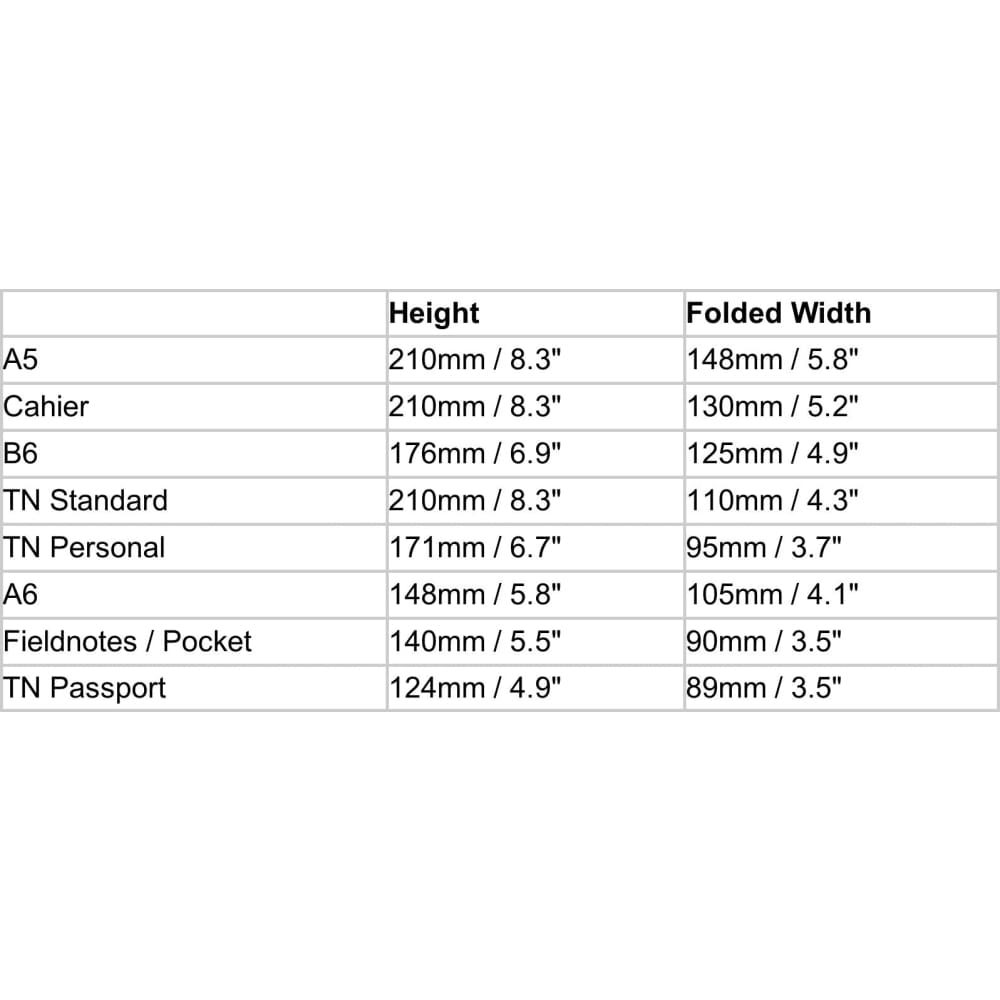 Midori TN size chart 