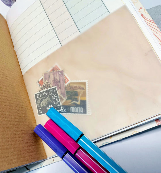 vintage postage stamps inside midori travelers notebook junk journal insert