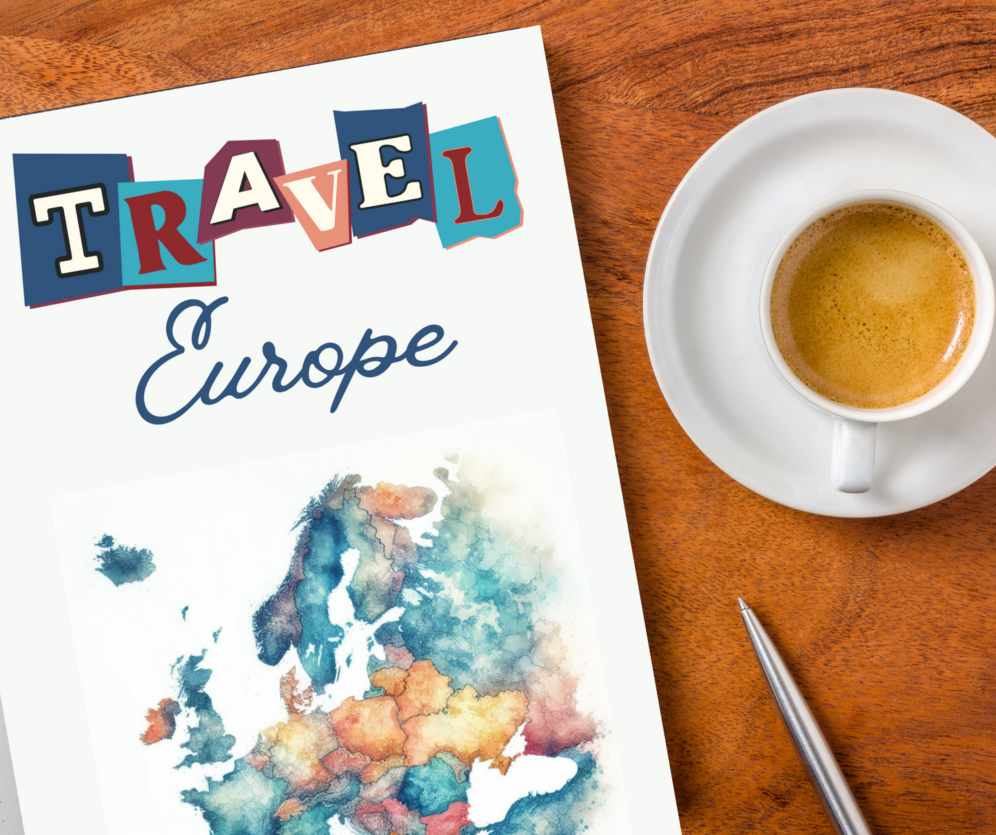 Travel Europe travel journal with colourful abstract map of Europe with a pen and coffee cup