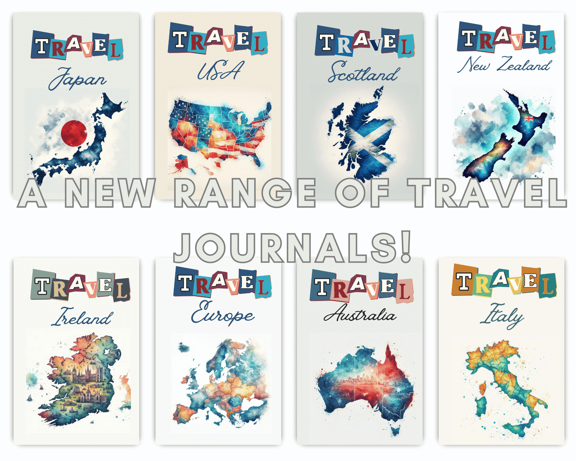 a range of travel journal covers featureing Japan, USA, Scotland, New Zealand, Ireland, Europe, Australia, Italy