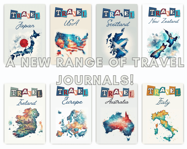 a range of travel journal covers featureing Japan, USA, Scotland, New Zealand, Ireland, Europe, Australia, Italy