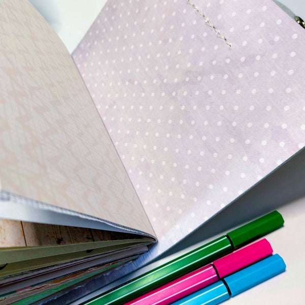 purple and white polka dot interior to the leather mixed paper notebook