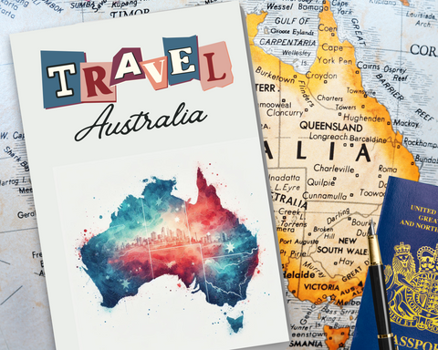 Travel Australia travel journal with prompts.  Front cover carries the word Travel in capital letters, Australia in script and a stylised map of Australia in reds and blues, watercolour effect
