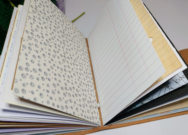 more varieties of paper in the mixed paper journal, including lined ledger paper and abstract circles
