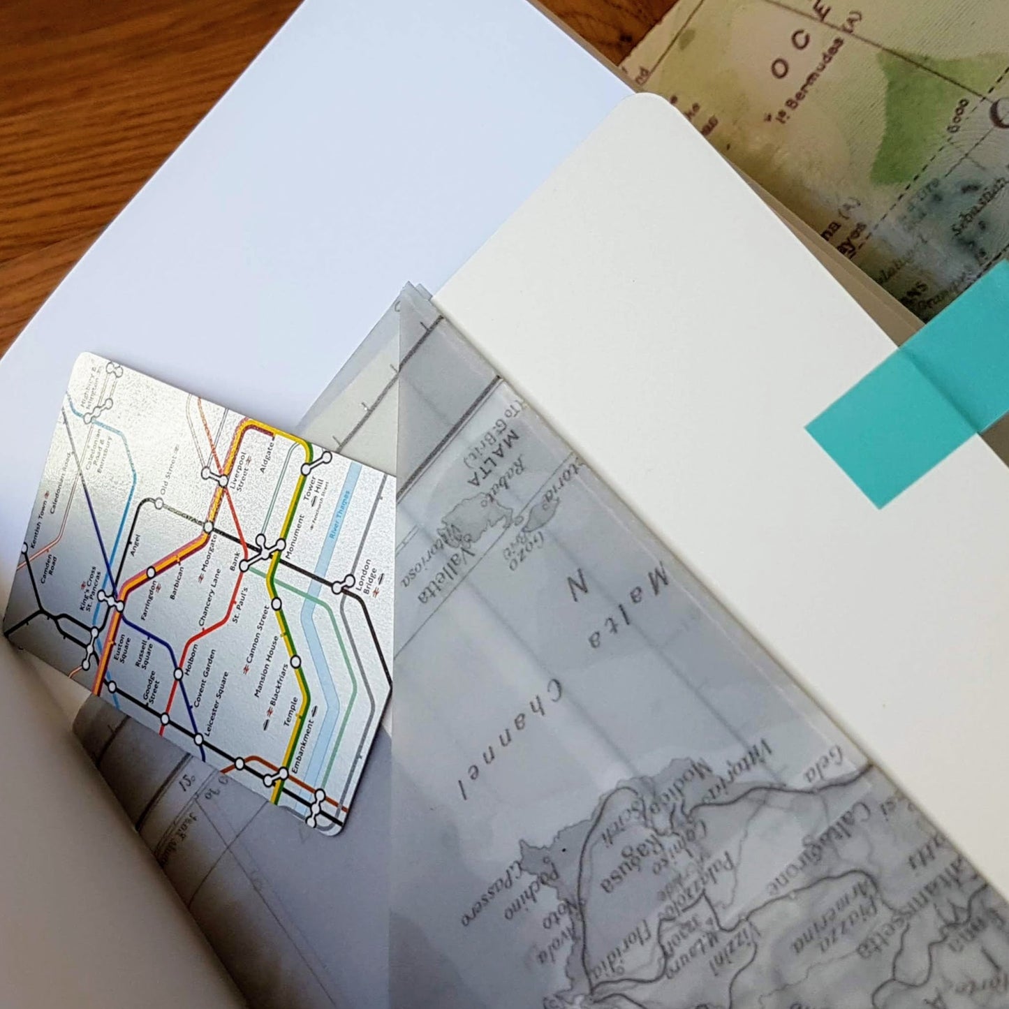 transparency map triple tuck pocket in large leather travel journal
