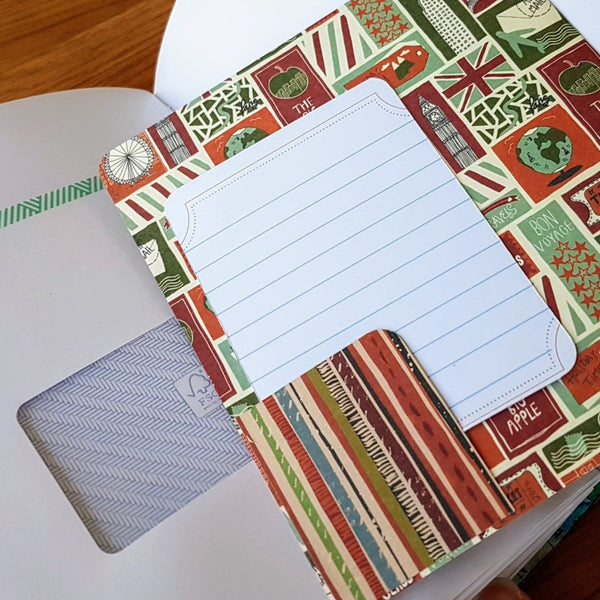 Travel card in reds and greens to tuck inside a window envelope, forming  pocket inside a leather travel journal