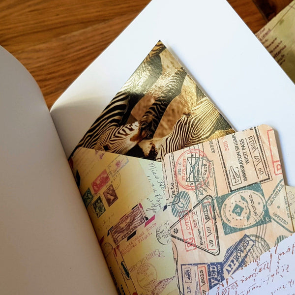 Tuck pocket with travel related cards inside leather travel journal by Bespoke Bindery