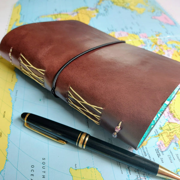 Travel Journal personalised leather cover with loop closure