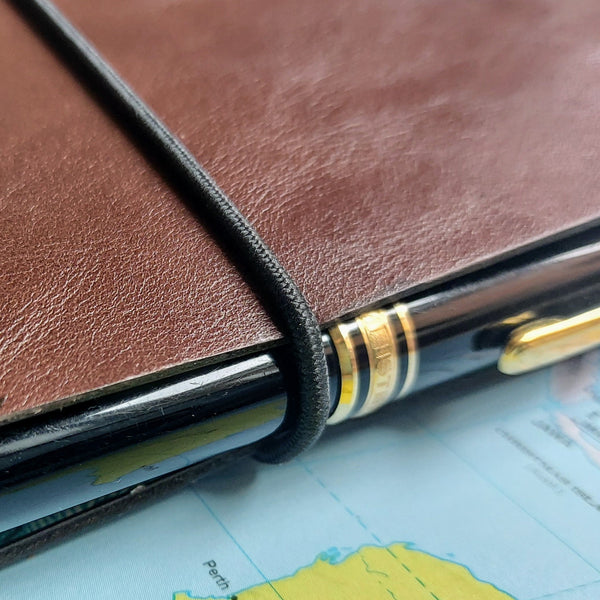 Leather Travel Notebook with loop fastener acting as pen holder loop