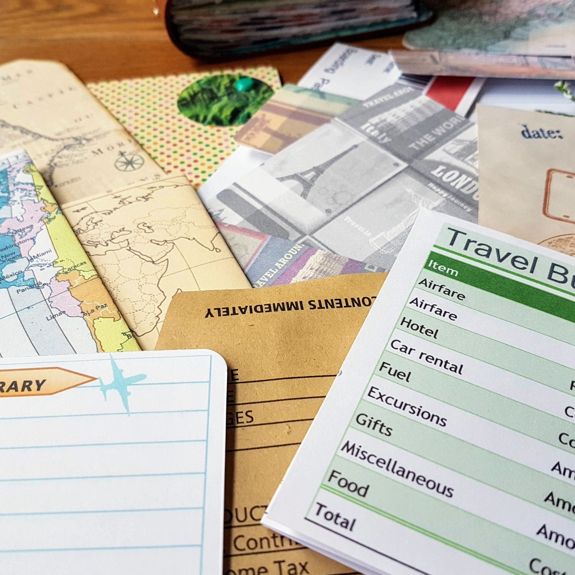 papers, tickets, journal cards inside leather travel journal