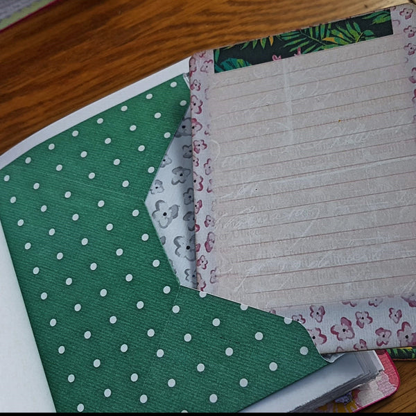 Green polka dot envelope and co-ordinating journal card inside bespoke binedery's Hawaii theme journal