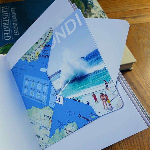 Bondi Beach postcard tucked into handmade envelope made from Australia map