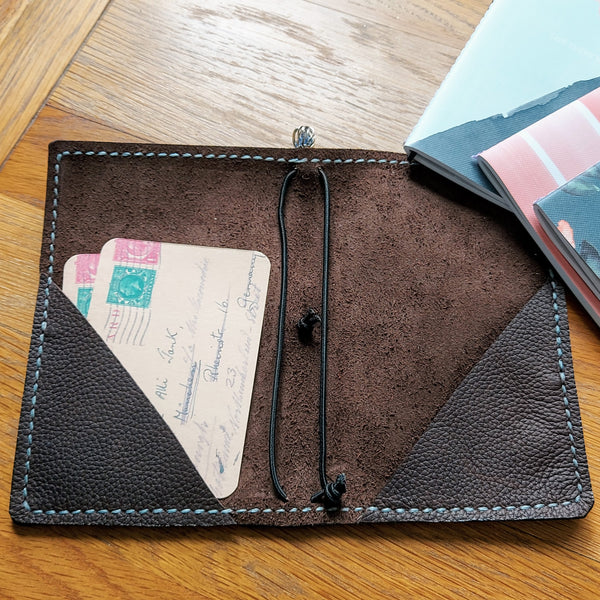 inside view showing interior pockets in Dark Brown Leather Travelers Notebook