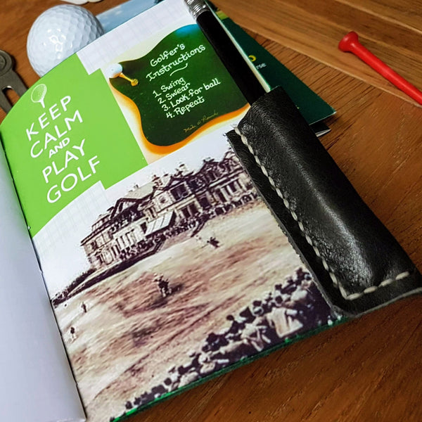 Men's golf score card log in darkest Green leather and back inside cover printed with vintage golf pictures showing handstitched leather pencil pocket
