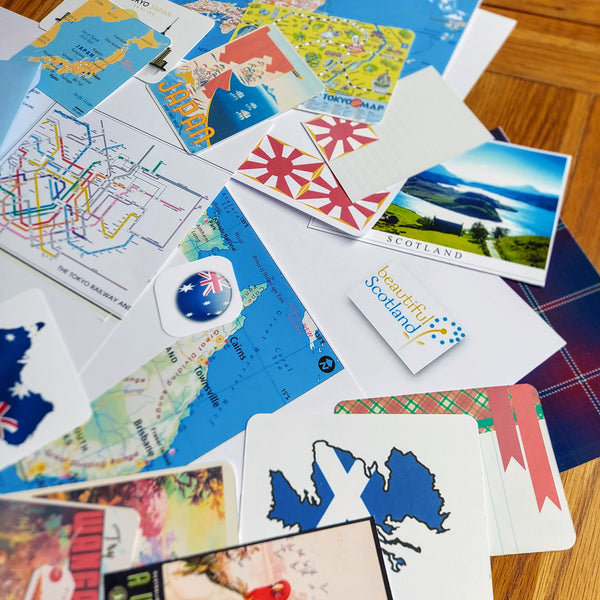 cards and Images used when adding a destination theme to leather travel journal showing maps and images of Japan Australia and Scotland