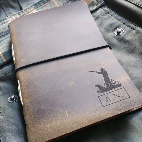 hand stitched leather hunting shooting journal in waxed leather