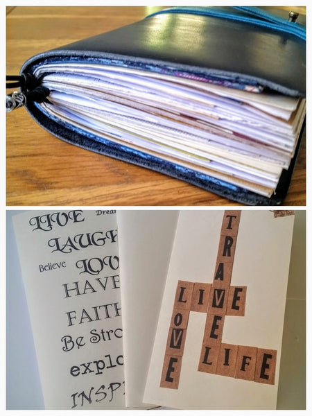 Junk Journal inserts inside a leather TN travelers notebook cover. Multi pack of 3 junk journals for maximum inspiration