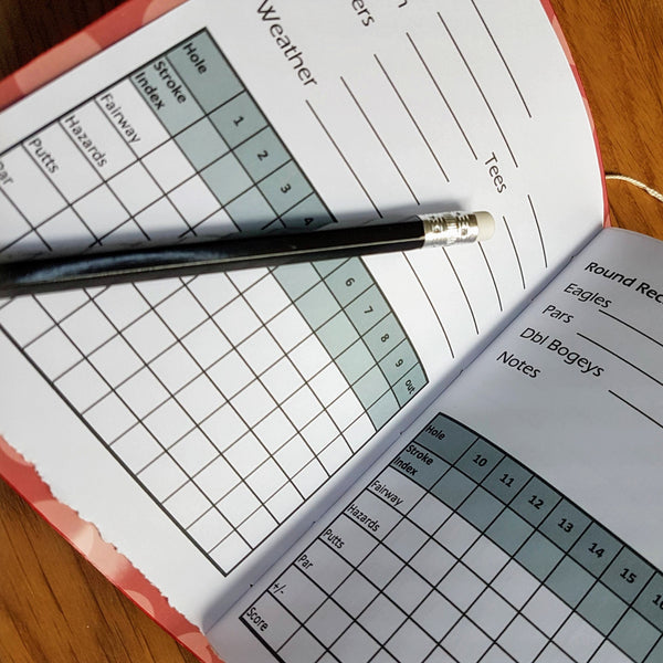 Inside pages of the golf notebook showing a grid to collect golf stats