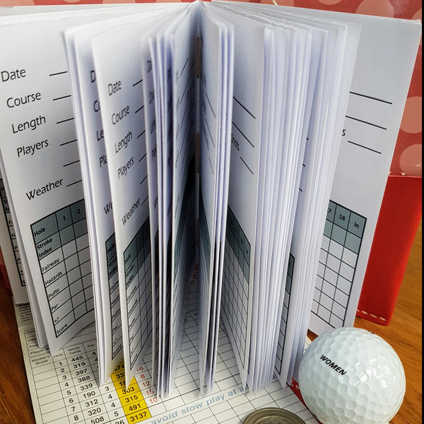 Golf log with fanned out pages standing with a golf ball