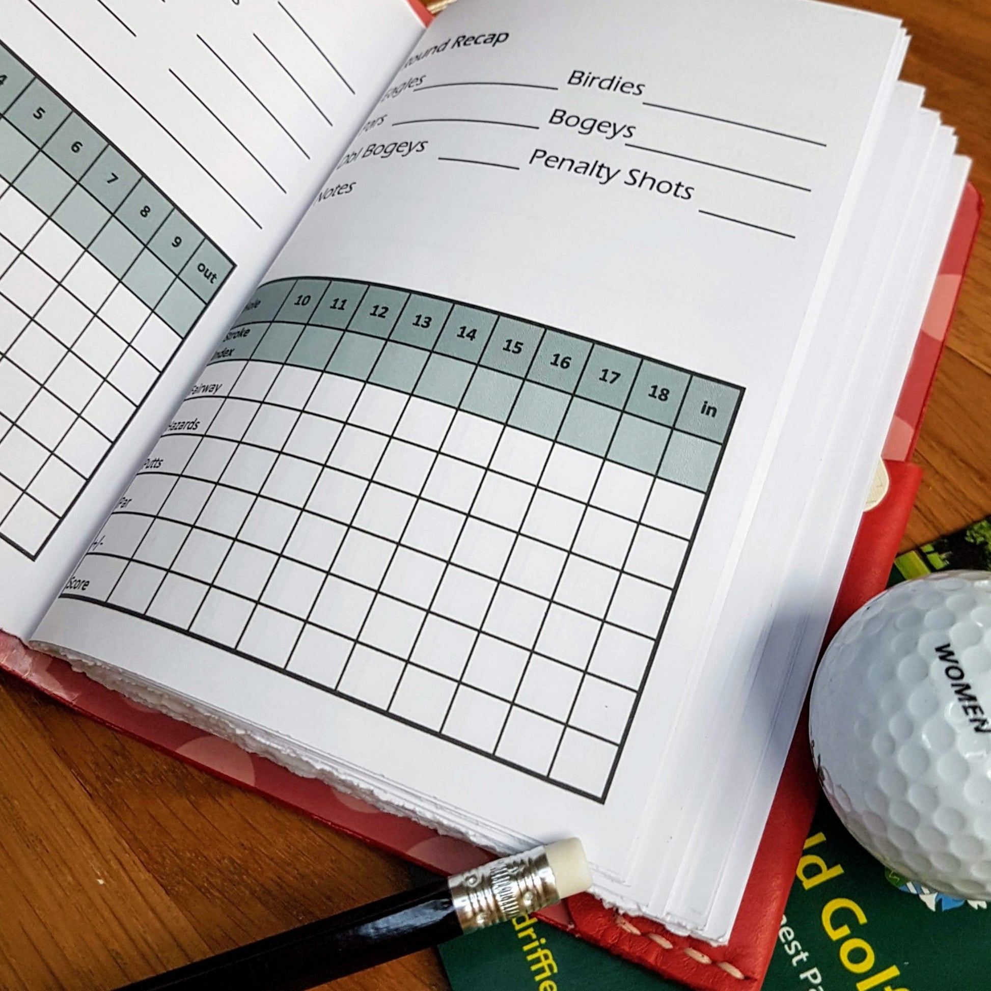 Inside pages red leather golf journal notebook, golf scorecard