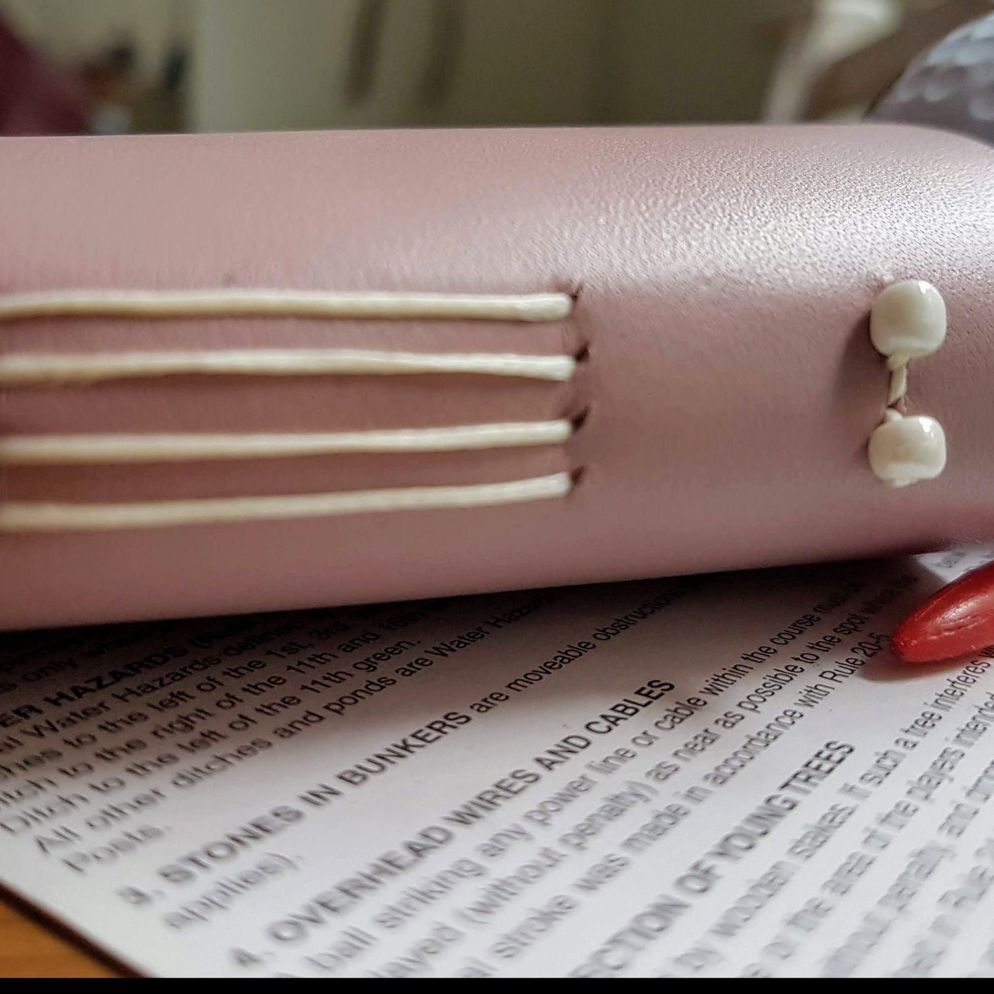 Ladies pale lilac golf journal with ivory stitching and beads on spine