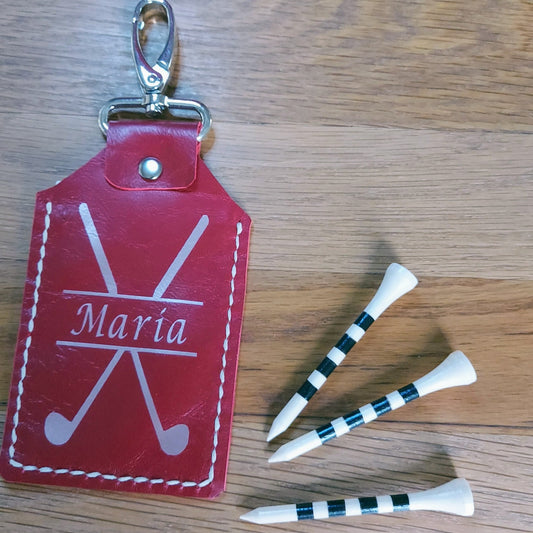 handstitched red leather golf tee holder with rose gold metallic personalisation showing 3 bamboo golf tees