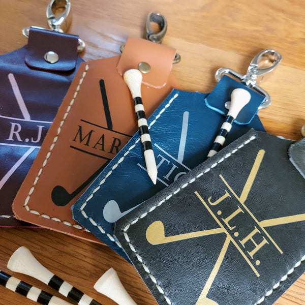 coloured leather with gold or silver personalisation golf tee storage clip