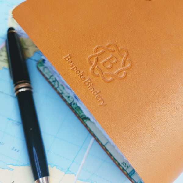 Bespoke Bindery branded log on reverse of a handmade leather journal notebook
