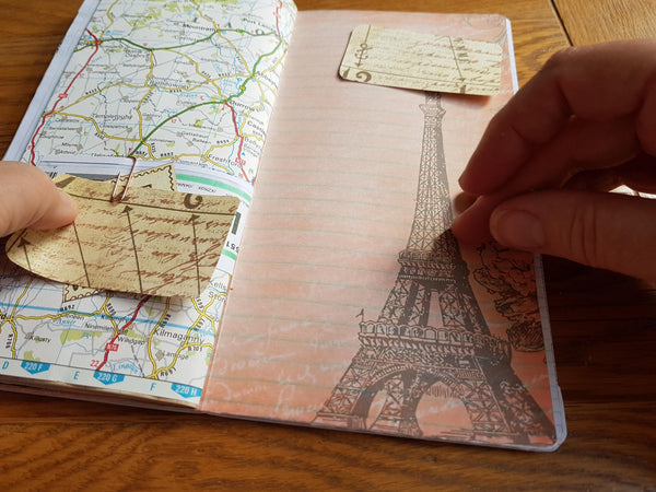 Eiffel Tower note paper in map travel junk journal by bespoke bindery in TN standard size