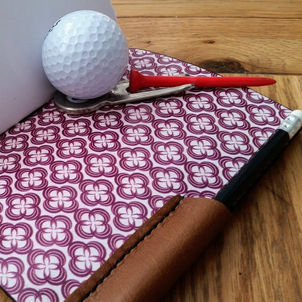 Men's golf score card log in brown leather, lined in red and cream with hand stitched pencil pocket
